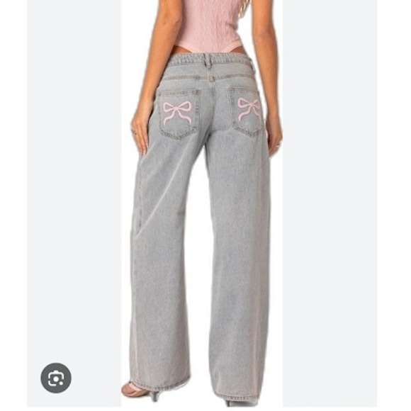 Edikted Denim - EDIKTED Light Blue Wide Leg Jeans Bow Pocket 100% Cotton Women's Size M‎